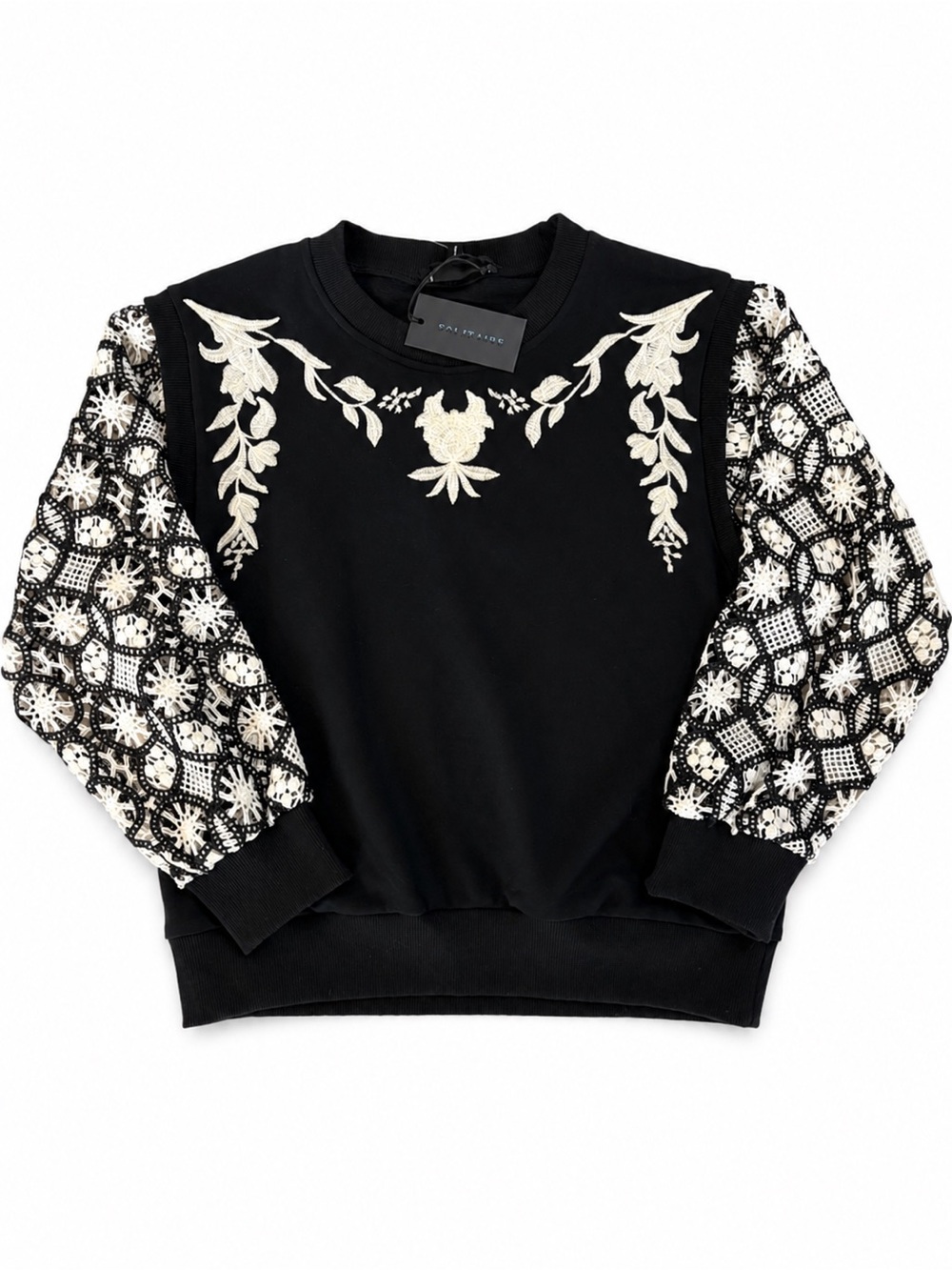 Solitaire Black Sweater with Ivory Floral Embroidery